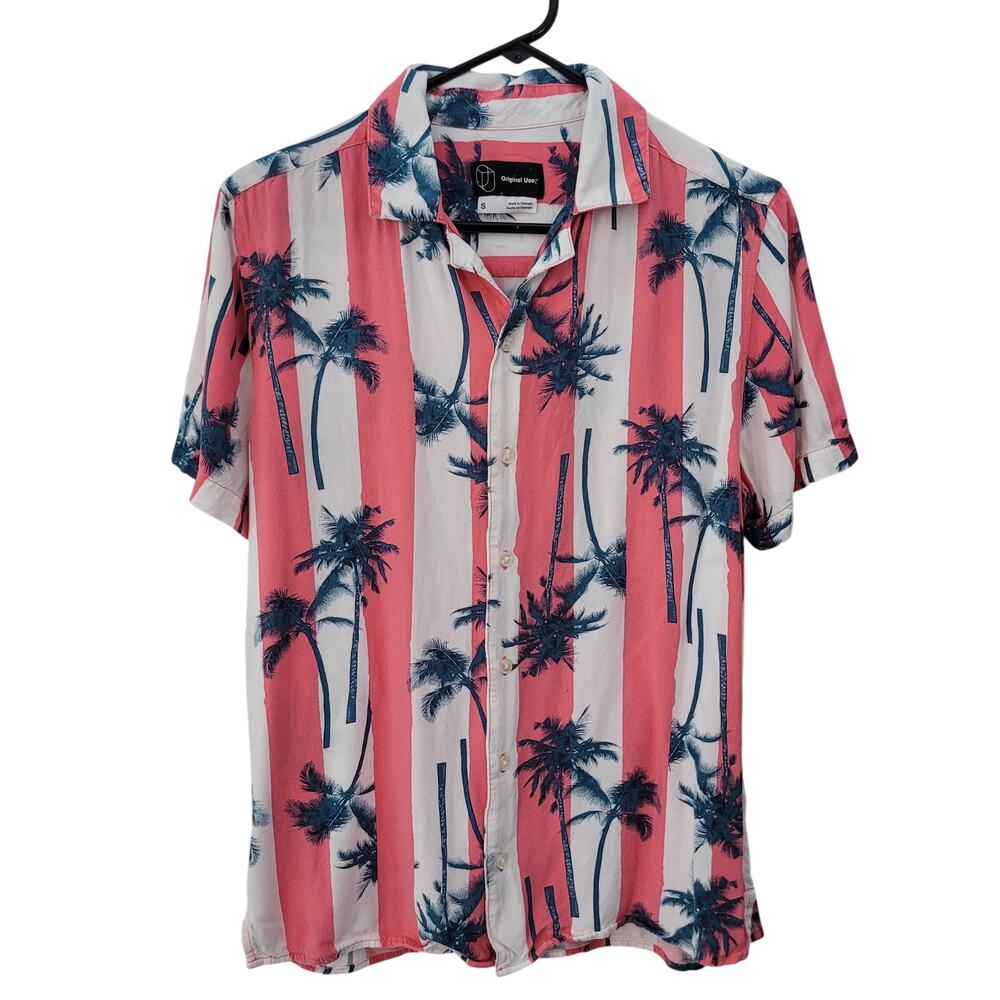 Original‎ Use Size S Palm Tree Pink White Striped Short Sleeve Button Up Shirt